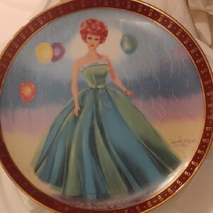 Barbie Decorative Plate Featuring Elegant Redheaded Doll in Blue-Green Gown